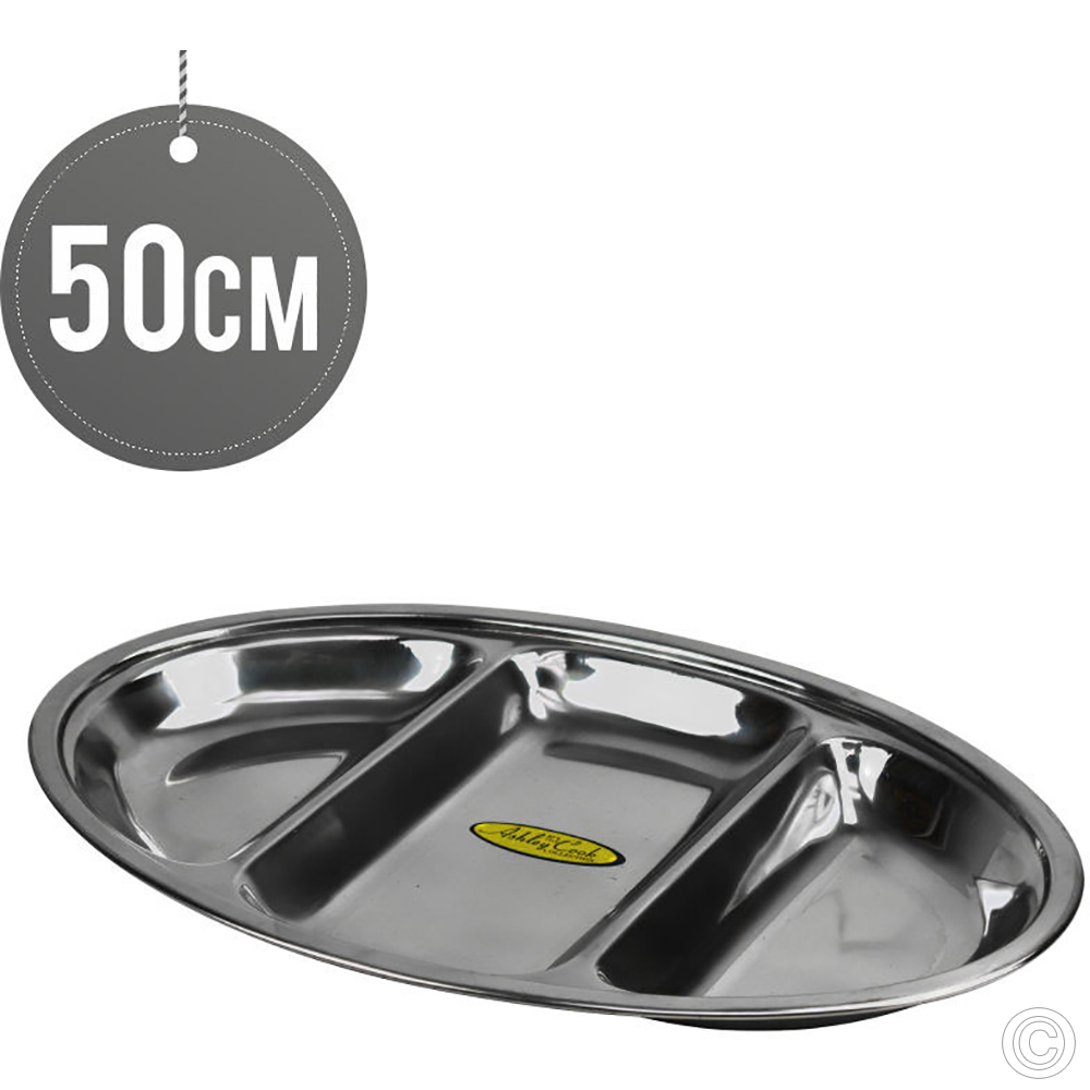 Stainless Steel Oval Plate 3 Compartment 50 cm