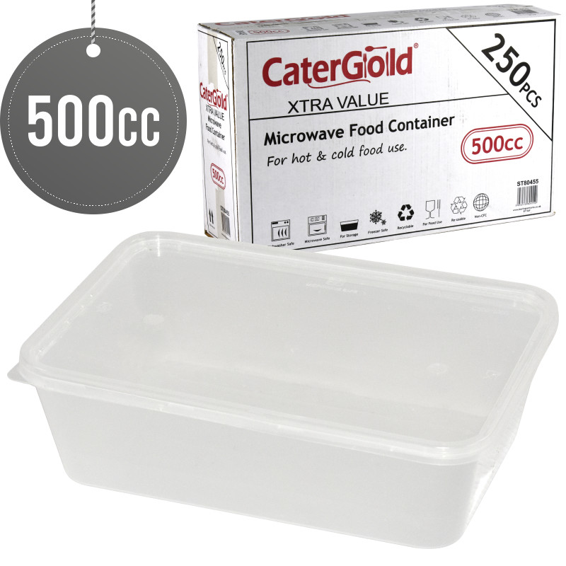 Microwavable Food Takeaway Container and Lids Rectangle Heavy Duty Clear 500ml 250 Pack