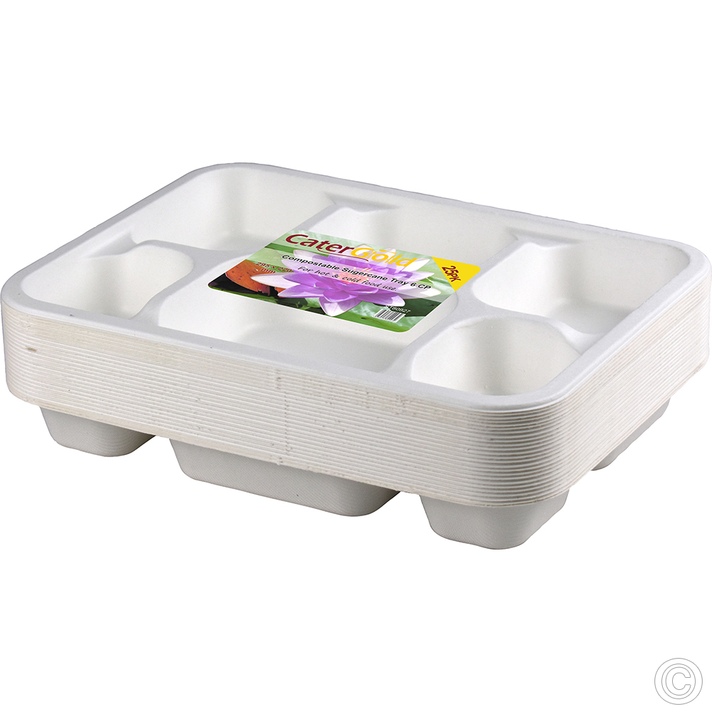 Compostable Bagasse 6CP Tray 25 Pack