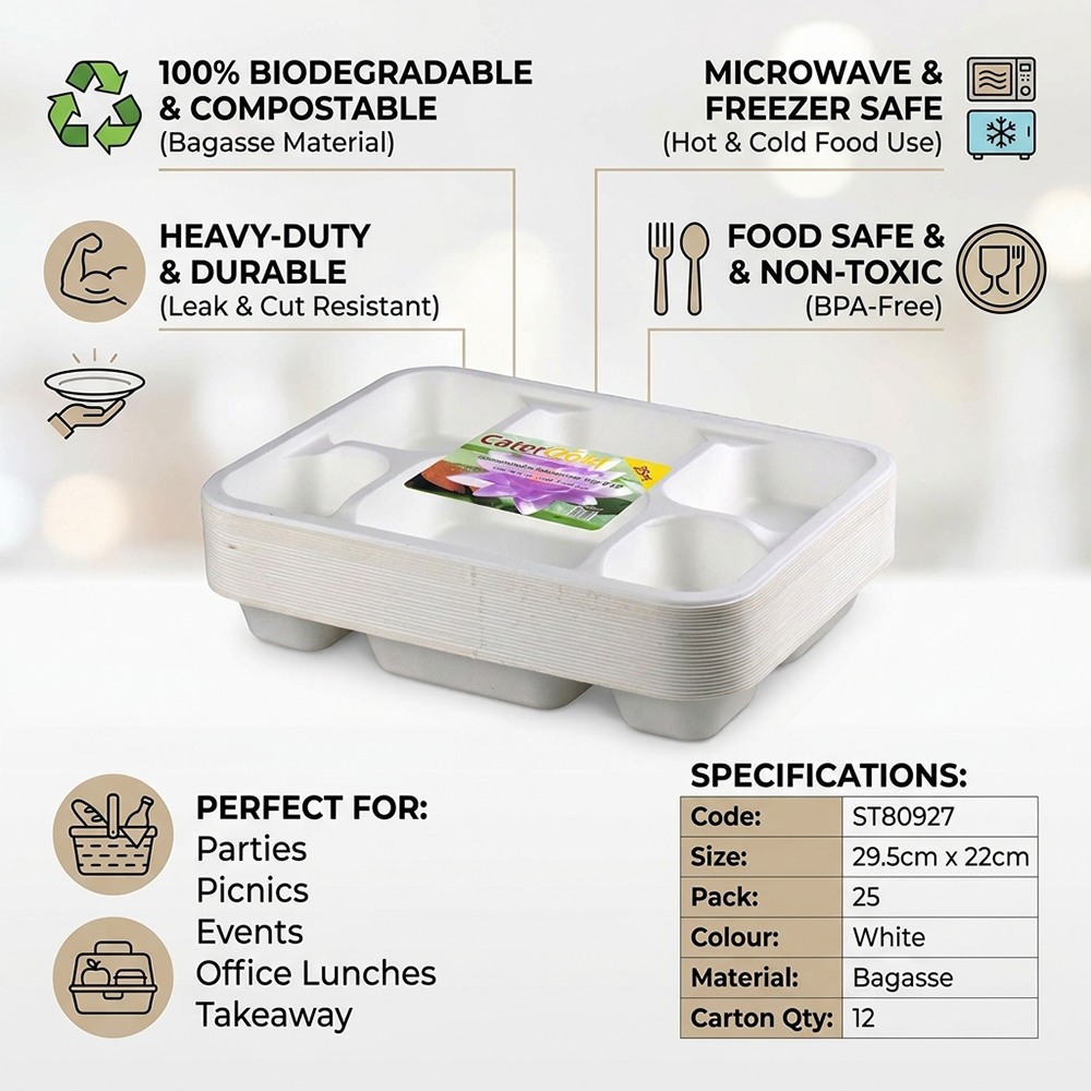 Compostable Bagasse 6CP Tray 25 Pack