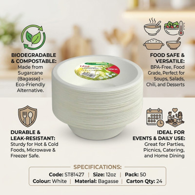 Compostable Bagasse Bowl 12oz 50 Pack