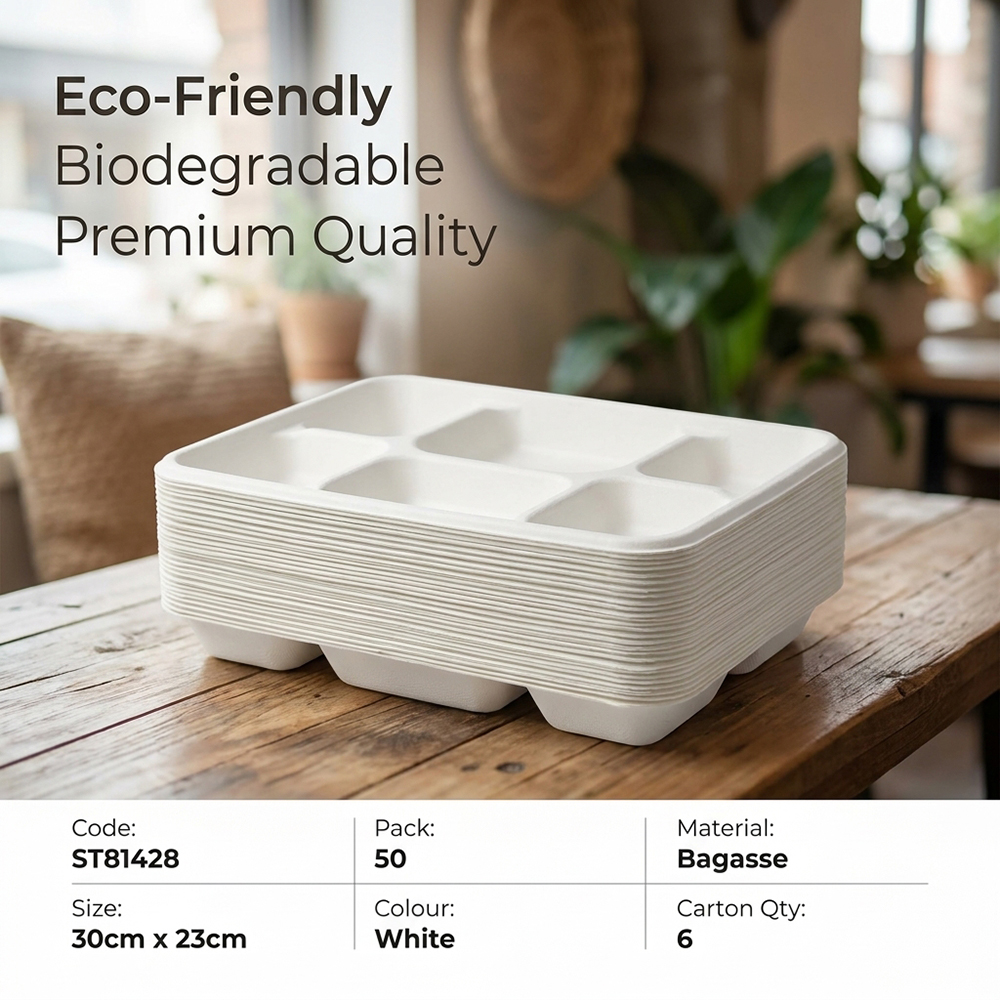 Compostable Bagasse 6 Compartment Plate 50 Pack