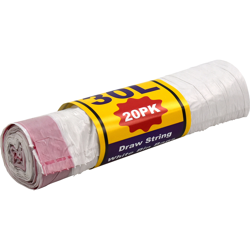 Heavy Duty White Bin Bags With Draw Strings 30L 20 Pack