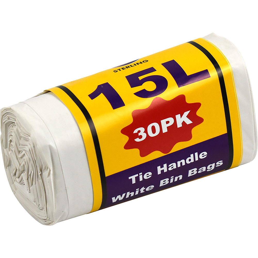 Heavy Duty White Bin Bags With Tie Handles 15L 30 Pack