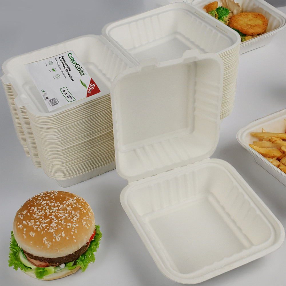 Compostable Bagasse Clamshell Burger Box HP6 6