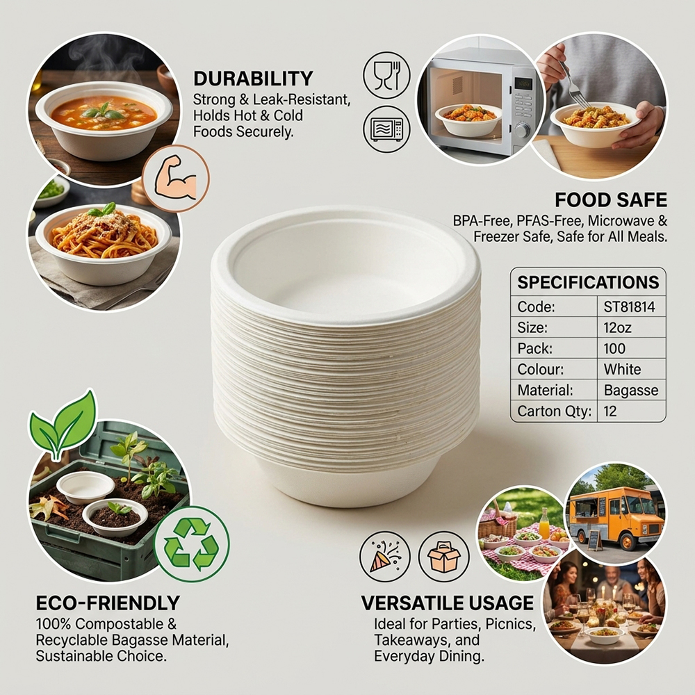 Compostable Bagasse Bowl 12oz 100 Pack