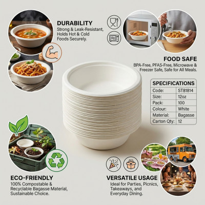Compostable Bagasse Bowl 12oz 100 Pack