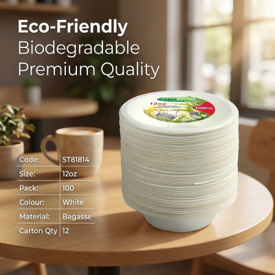 Compostable Bagasse Bowl 12oz 100 Pack