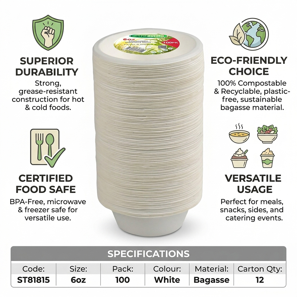 Compostable Bagasse Bowl 6oz 100 Pack