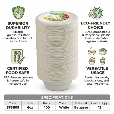 Compostable Bagasse Bowl 6oz 100 Pack