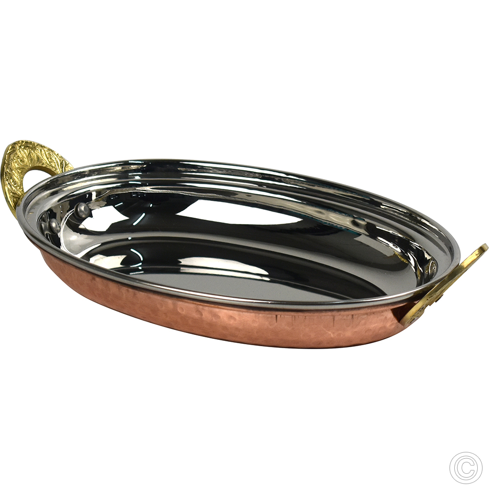 Copper Steel Oval Dish W/Brass Handles No2 8