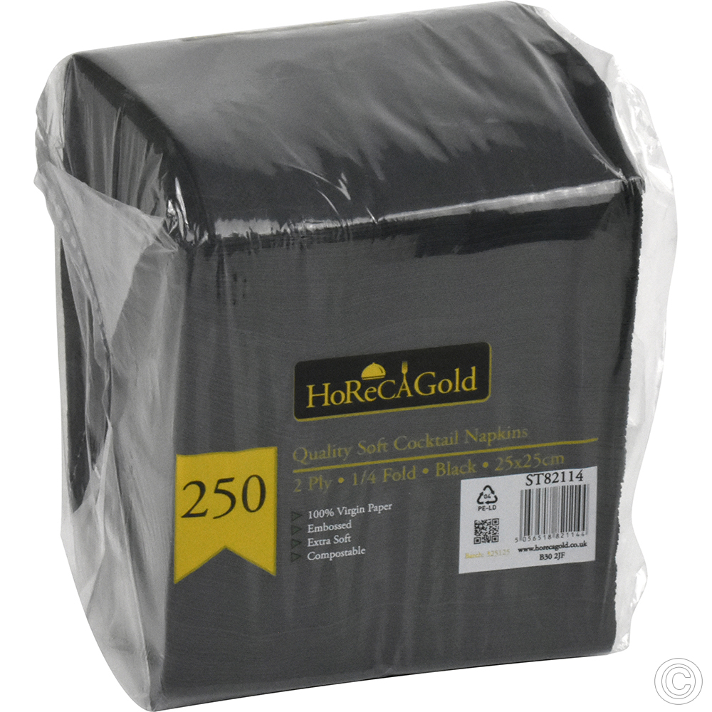 Cocktail Napkins 2 Ply 25x25cm Black 1/4 Fold 250 Pack
