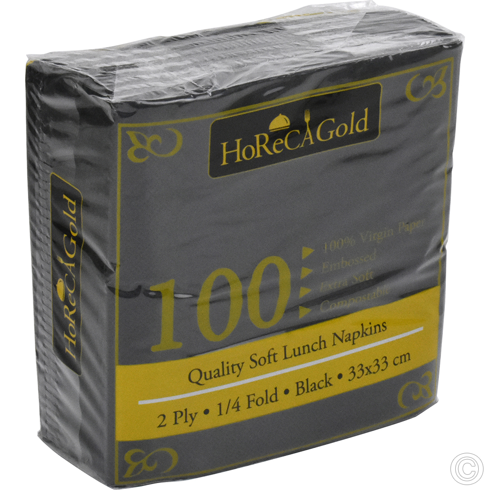 Lunch Napkins 2 Ply 33x33cm Black 1/4 Fold 100 Pack