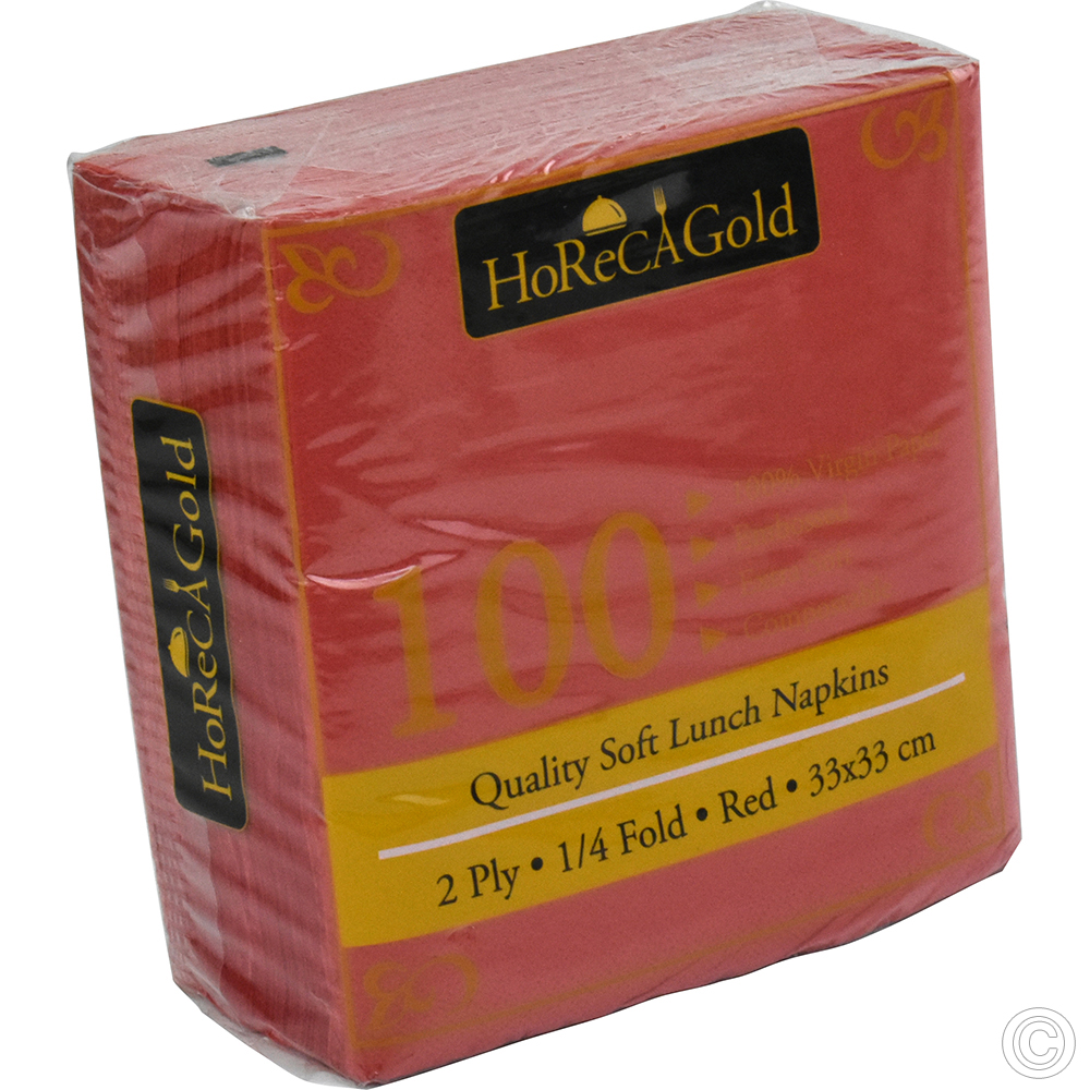 Lunch Napkins 2 Ply 33x33cm Red 1/4 Fold 100 Pack