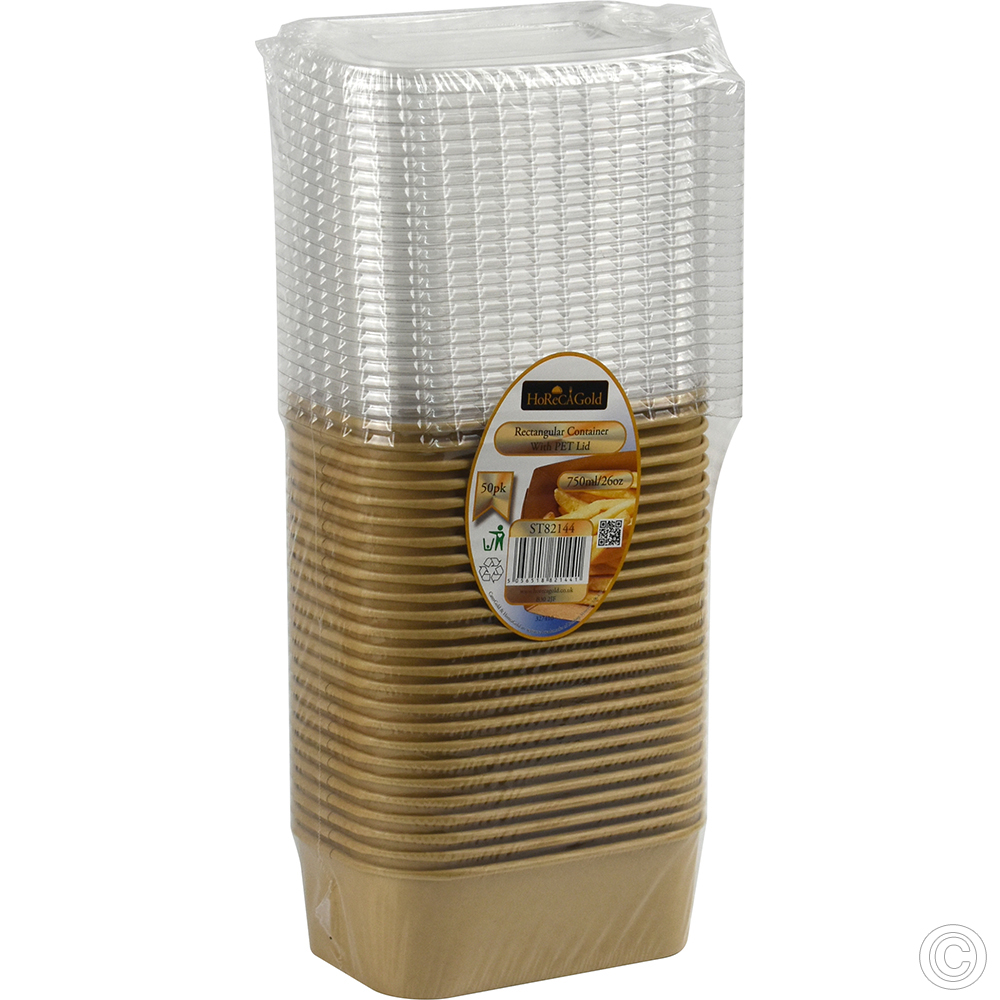Recyclable Microwavable Kraft Food Container With PET Lid Rectangle 750ml (26oz) 25 Pack