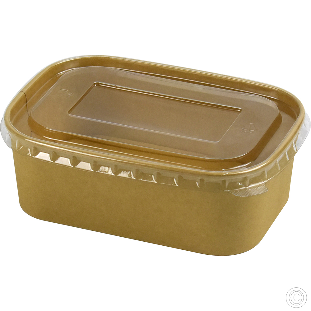 Recyclable Microwavable Kraft Food Container With PET Lid Rectangle 750ml (26oz) 25 Pack