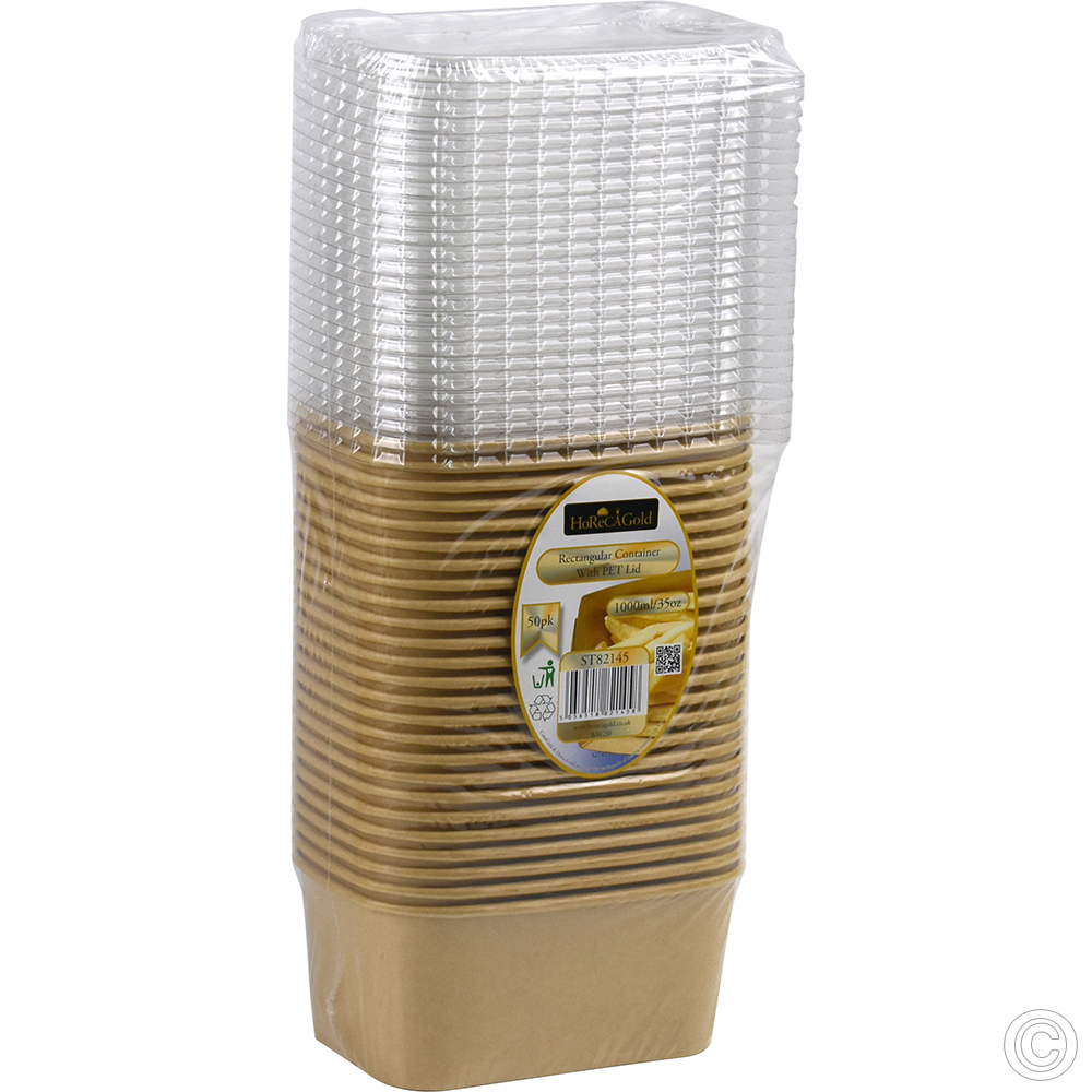 Recyclable Microwavable Kraft Food Container With PET Lid Rectangle 1000ml (35oz) 25 Pack