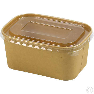 Recyclable Microwavable Kraft Food Container With PET Lid Rectangle 1000ml (35oz) 25 Pack