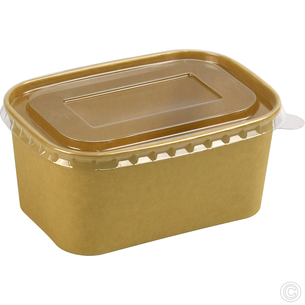 Recyclable Microwavable Kraft Food Container With PET Lid Rectangle 1000ml (35oz) 25 Pack