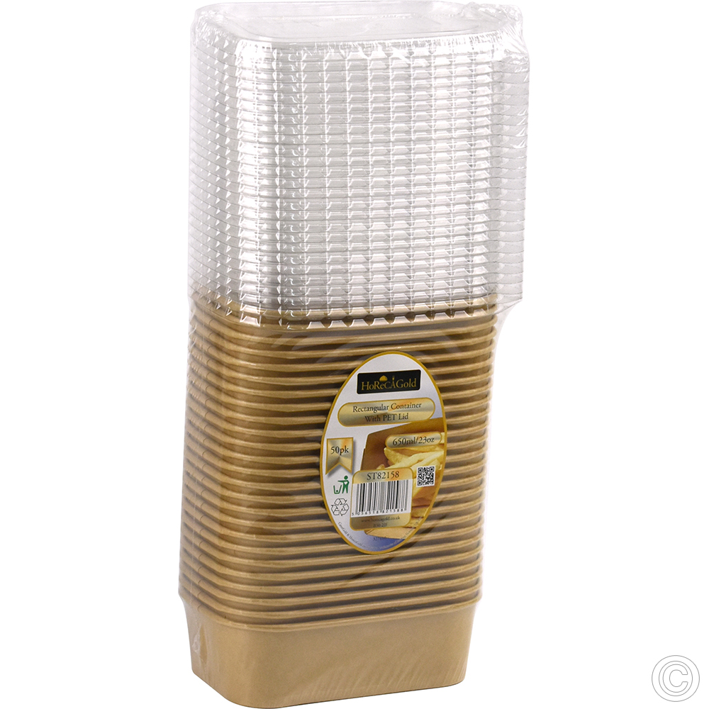 Recyclable Microwavable Kraft Food Container With PET Lid Rectangle 650ml (23oz) 25 Pack