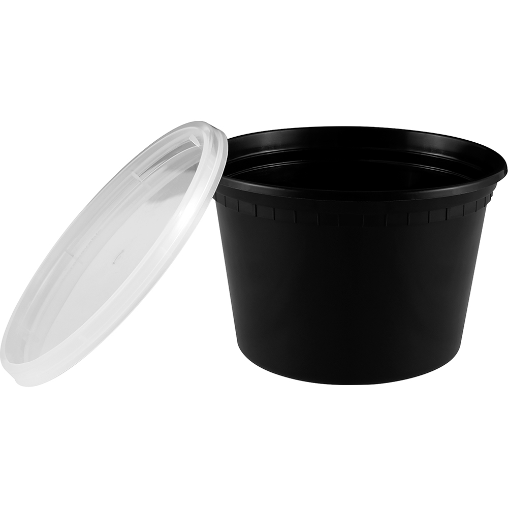 Microwavable Food Takeaway Container and Lids Round Heavy Duty Black Base 450ml 16oz 150 Pack
