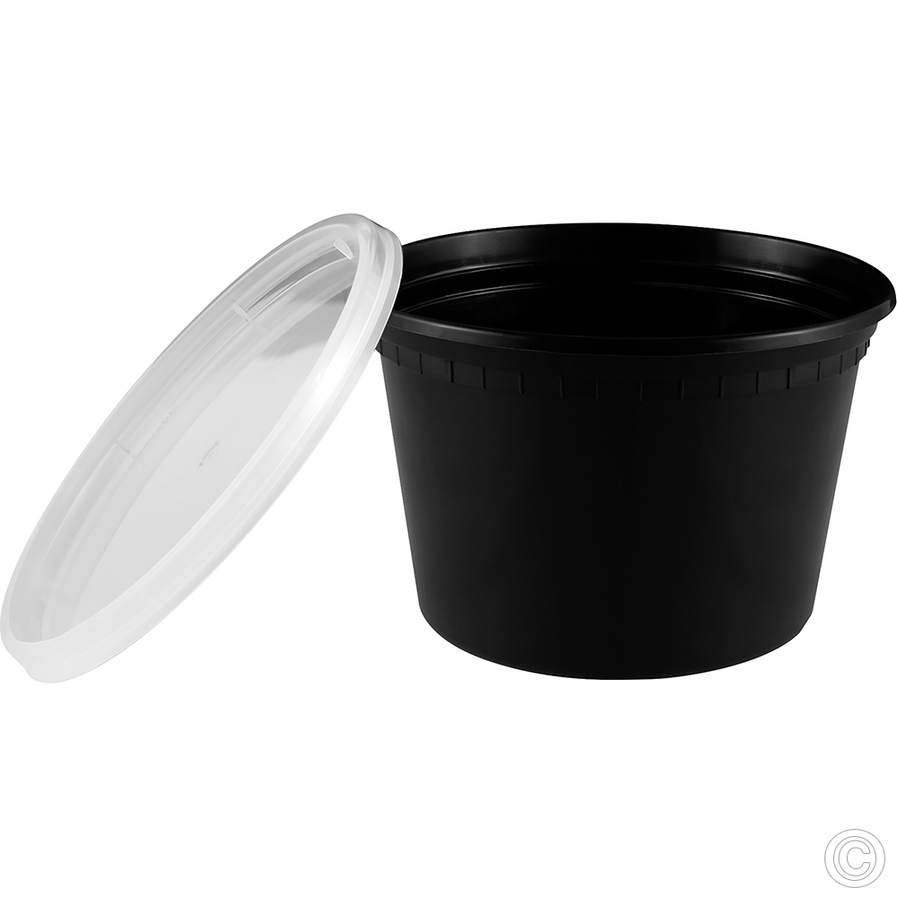 Microwavable Food Takeaway Container and Lids Round Heavy Duty Black Base 700ml 24oz 150 Pack