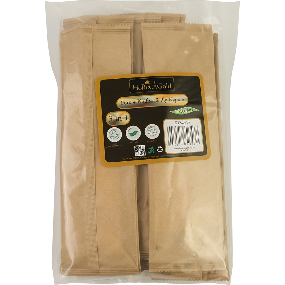 Compostable Wooden Cutlery Kit 3/1 ( Fork + Knife + 2 Ply Napkin) 50 Pack