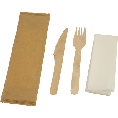 Compostable Wooden Cutlery Kit 3/1 ( Fork + Knife + 2 Ply Napkin) 50 Pack
