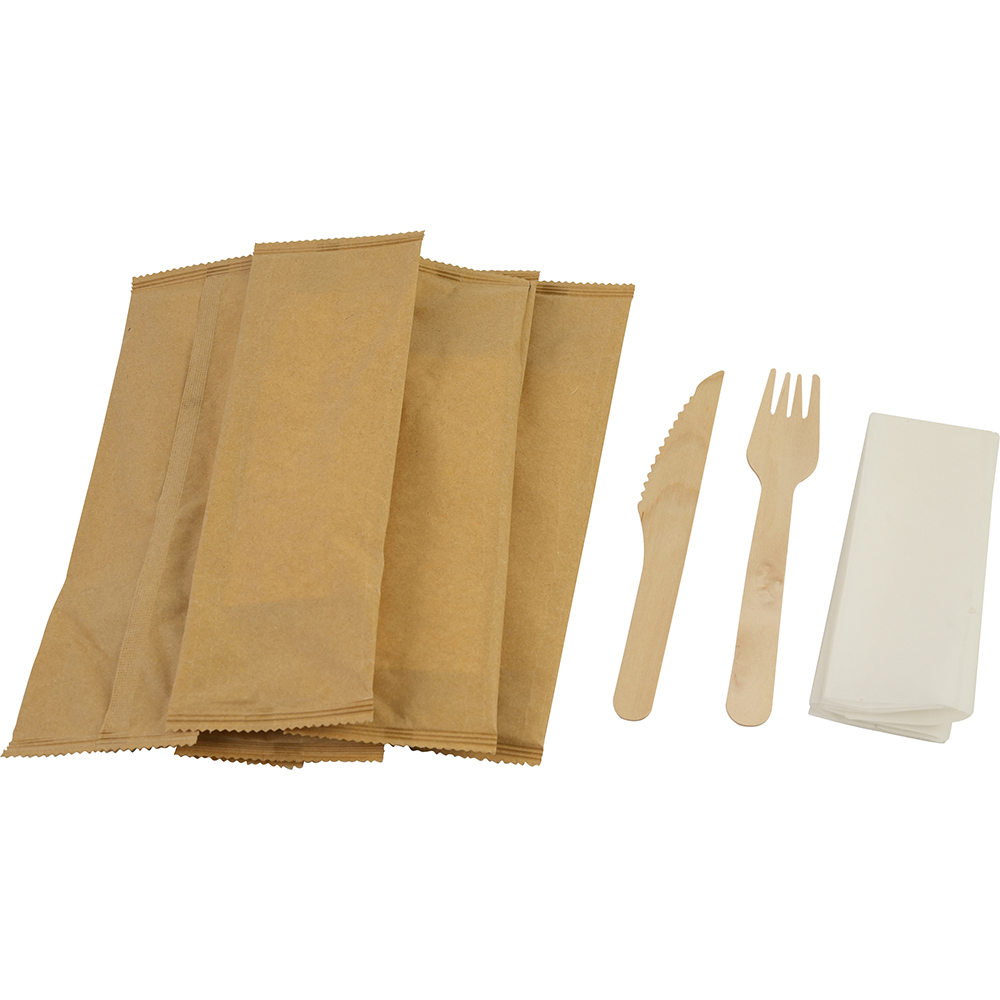 Compostable Wooden Cutlery Kit 3/1 ( Fork + Knife + 2 Ply Napkin) 50 Pack