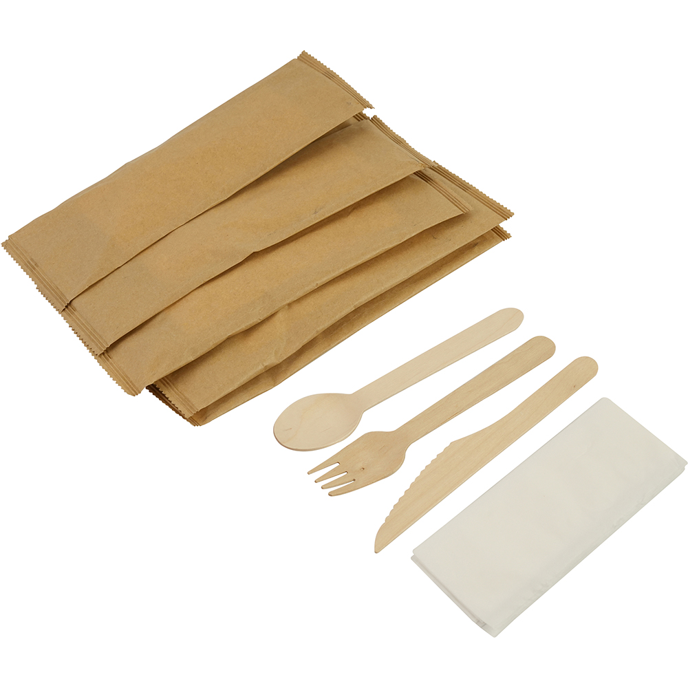 Compostable Wooden Cutlery Kit 4/1 (Fork + Knife + Spoon + 2Ply Napkin) 50 Pack