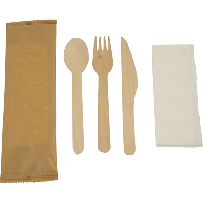Compostable Wooden Cutlery Kit 4/1 (Fork + Knife + Spoon + 2Ply Napkin) 50 Pack