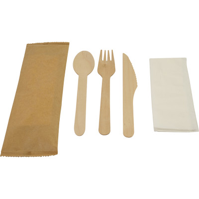 Compostable Wooden Cutlery Kit 4/1 (Fork + Knife + Spoon + 2Ply Napkin) 50 Pack