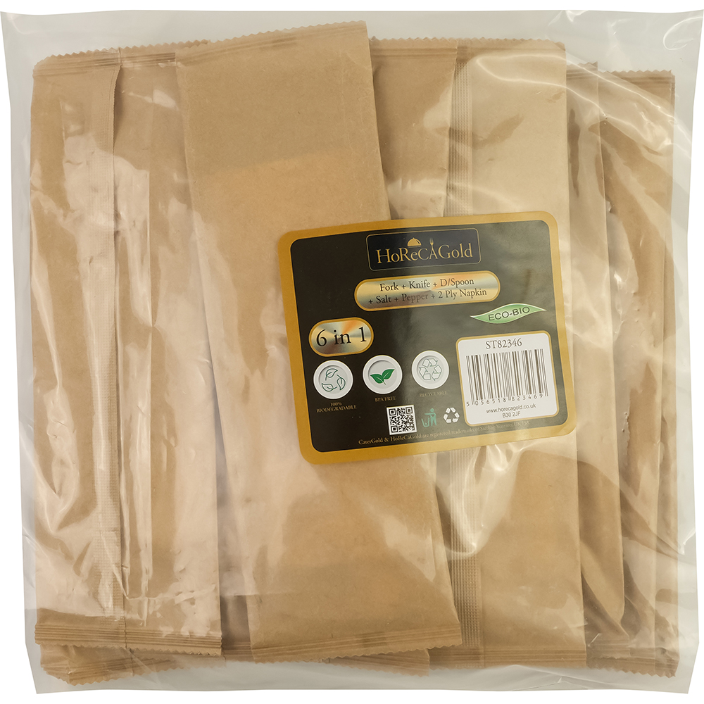 Compostable Wooden Cutlery Kit 6/1 (Fork + Knife + Spoon +Salt & Pepper + 2Ply Napkin) 50 Pack