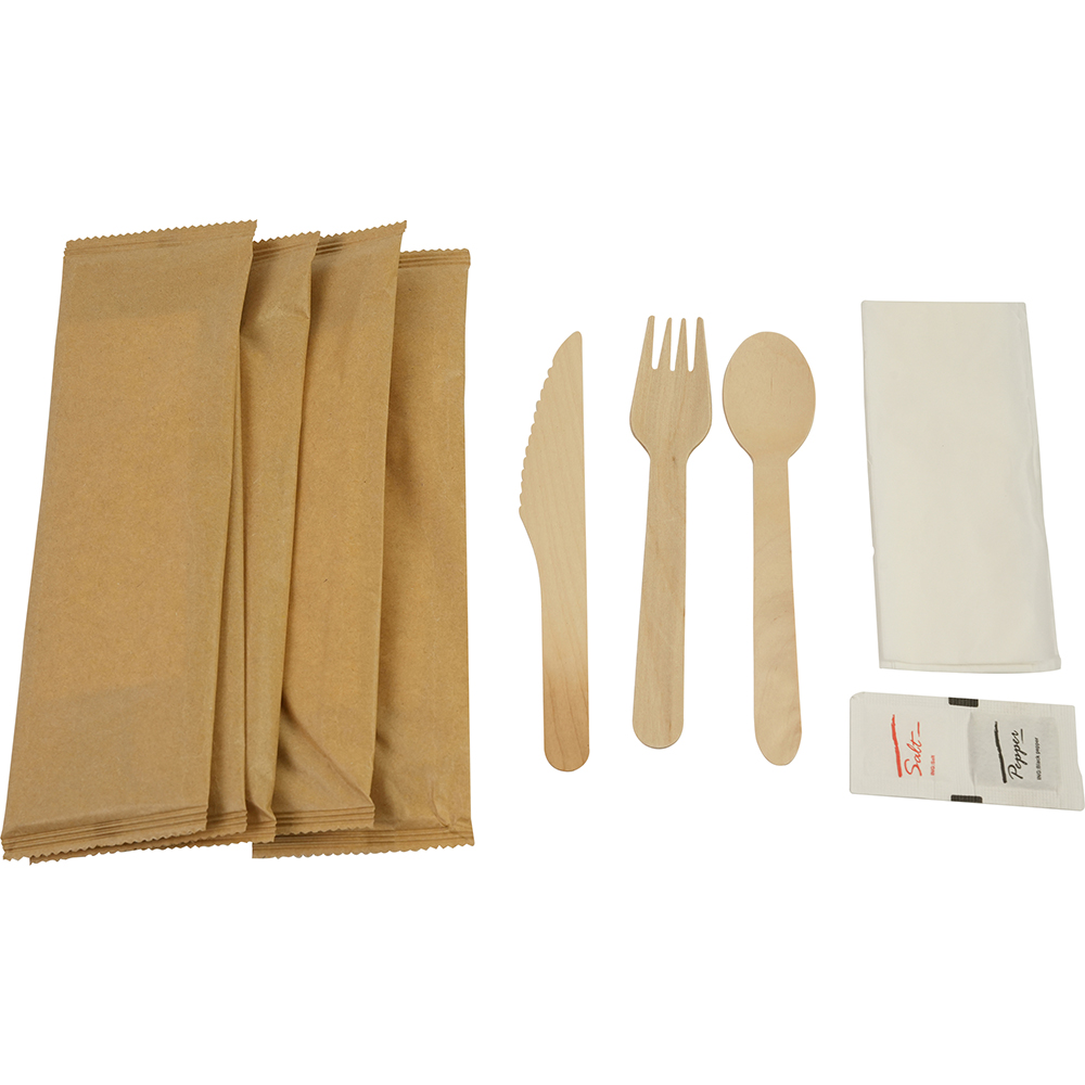 Compostable Wooden Cutlery Kit 6/1 (Fork + Knife + Spoon +Salt & Pepper + 2Ply Napkin) 50 Pack image