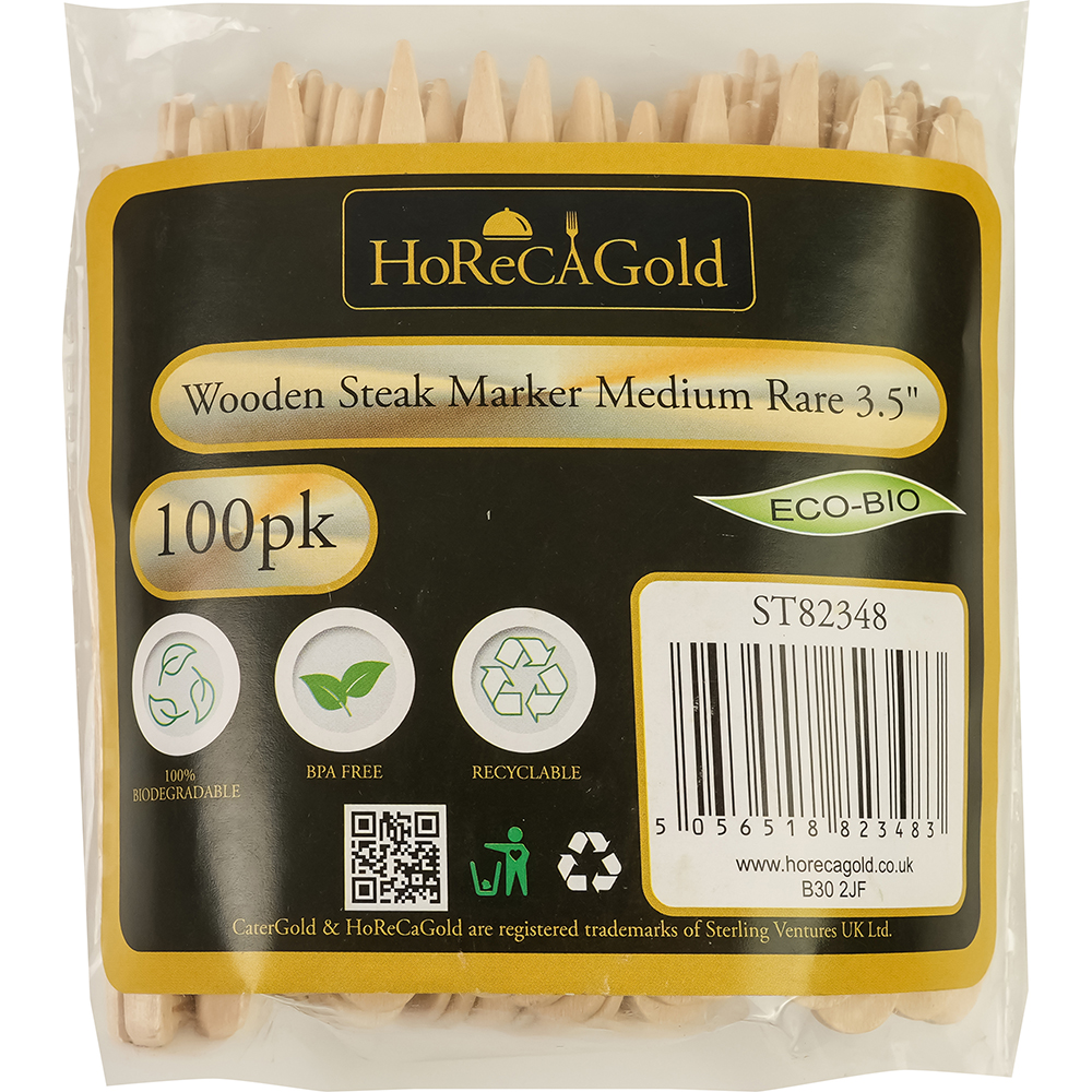 Compostable Wooden Steak Marker 90mm Medium Rare 100 Pack