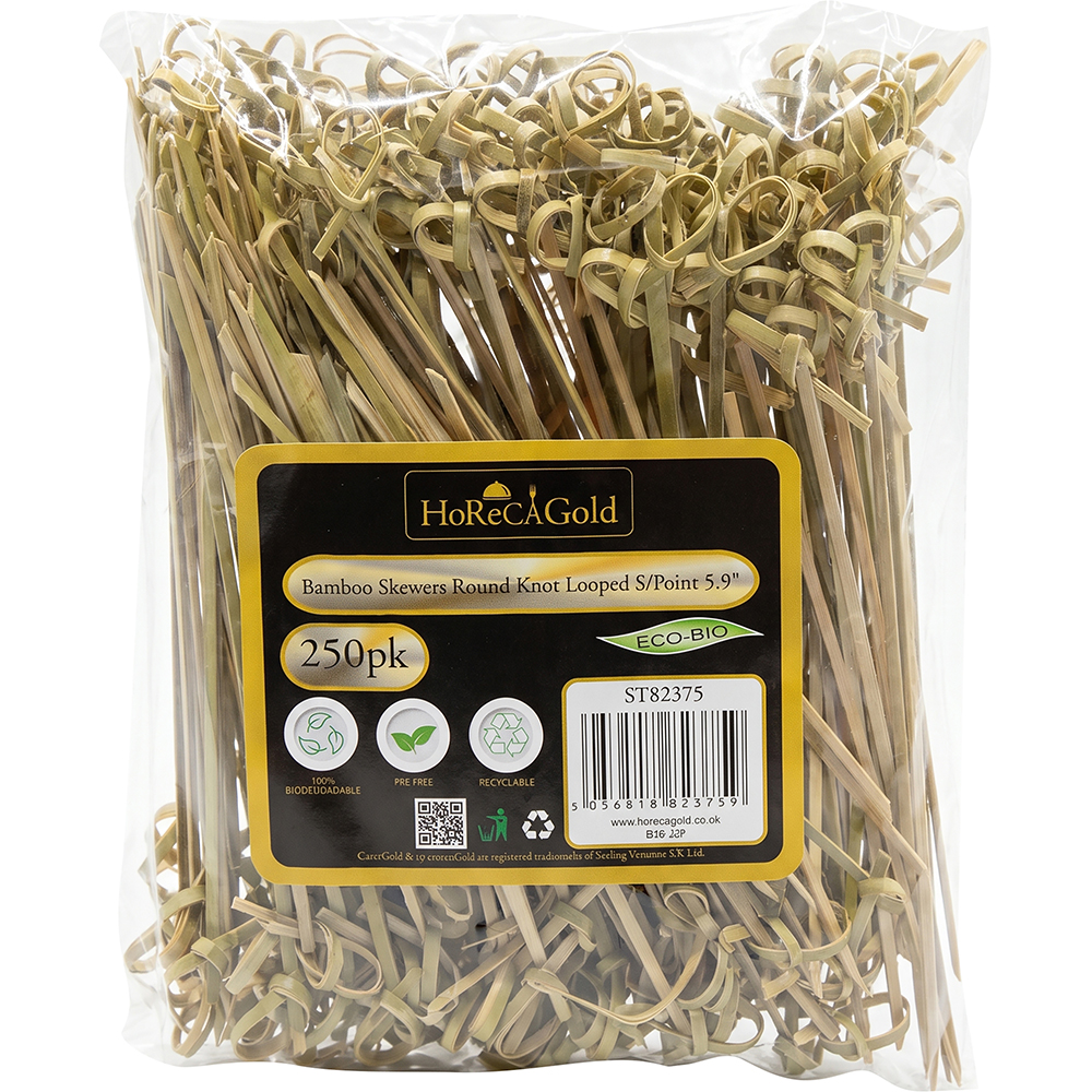 Compostable Bamboo Skewer Round Knot Looped S/Point 150mm 250 Pack