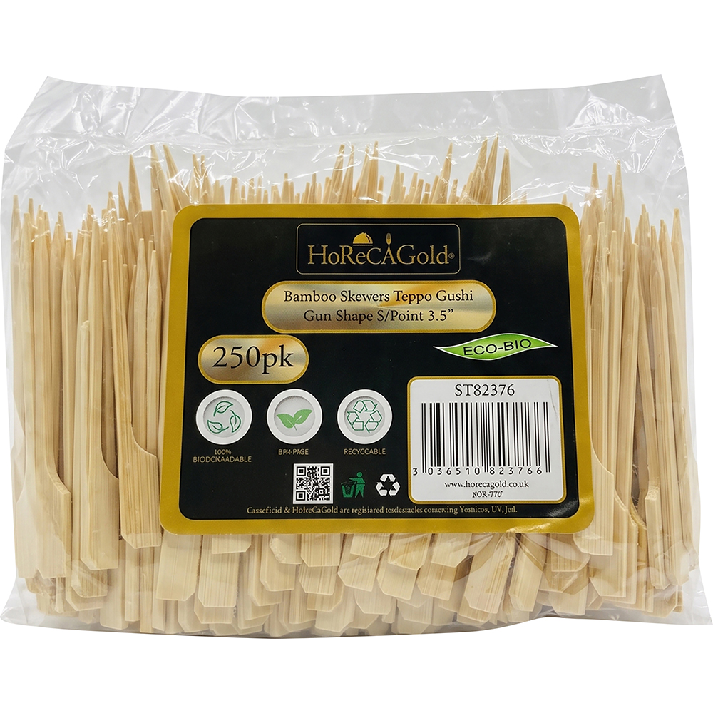 Compostable Bamboo Skewers Teppo Gushi Gun Shape S/Point 90mm 250 Pack