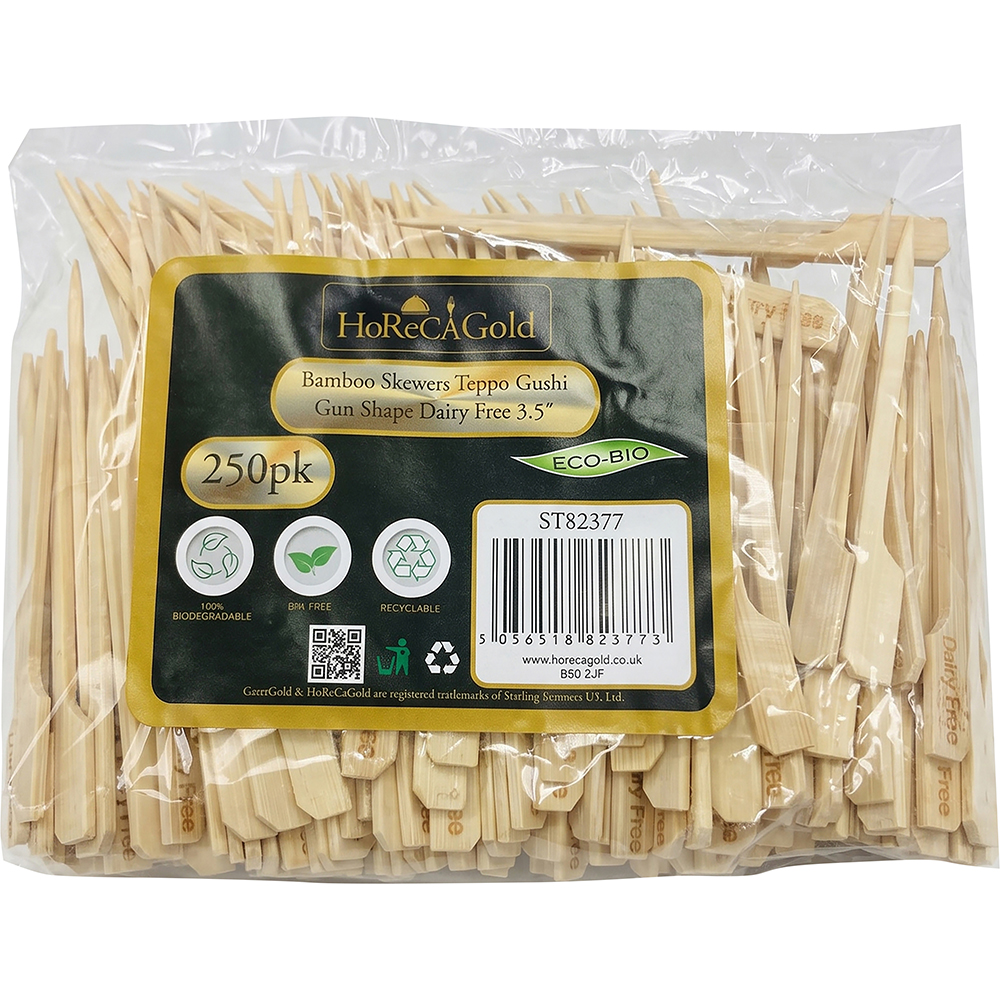 Compostable Bamboo Skewers Teppo Gushi Gun Shape Dairy Free 90mm 250 Pack