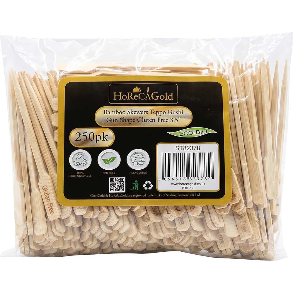 Compostable Bamboo Skewers Teppo Gushi Gun Shape Gluten Free 90mm 250 Pack