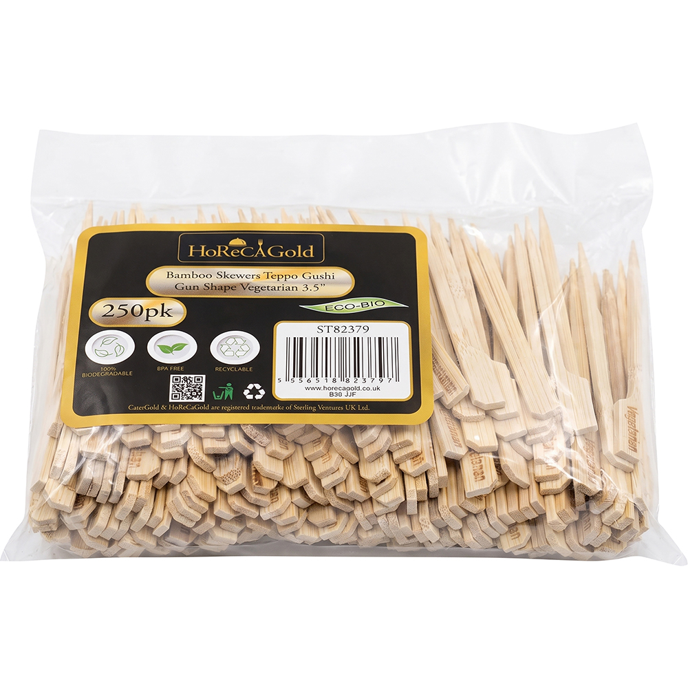 Compostable Bamboo Skewers Teppo Gushi Gun Shape Vegetarian 90mm 250 Pack