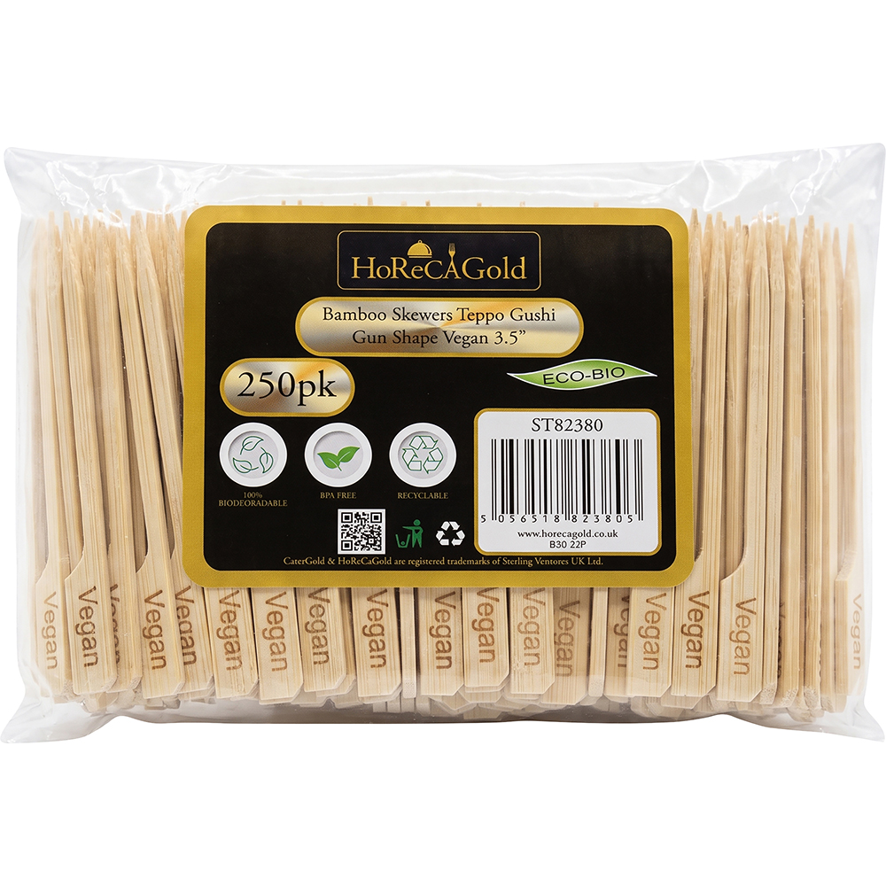 Compostable Bamboo Skewers Teppo Gushi Gun Shape Vegan 90mm 250 Pack