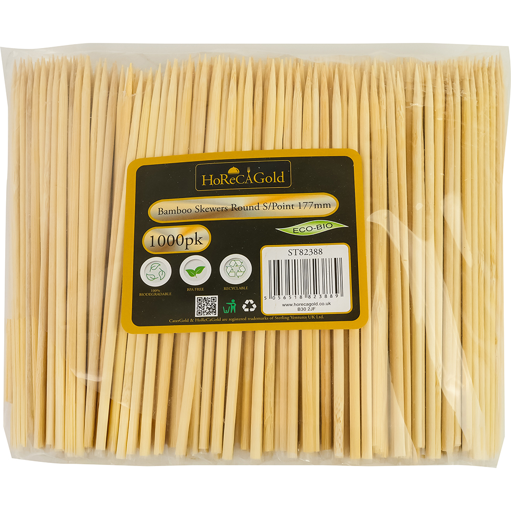 Compostable Bamboo Skewers Round S/Point 177mm 1000 Pack