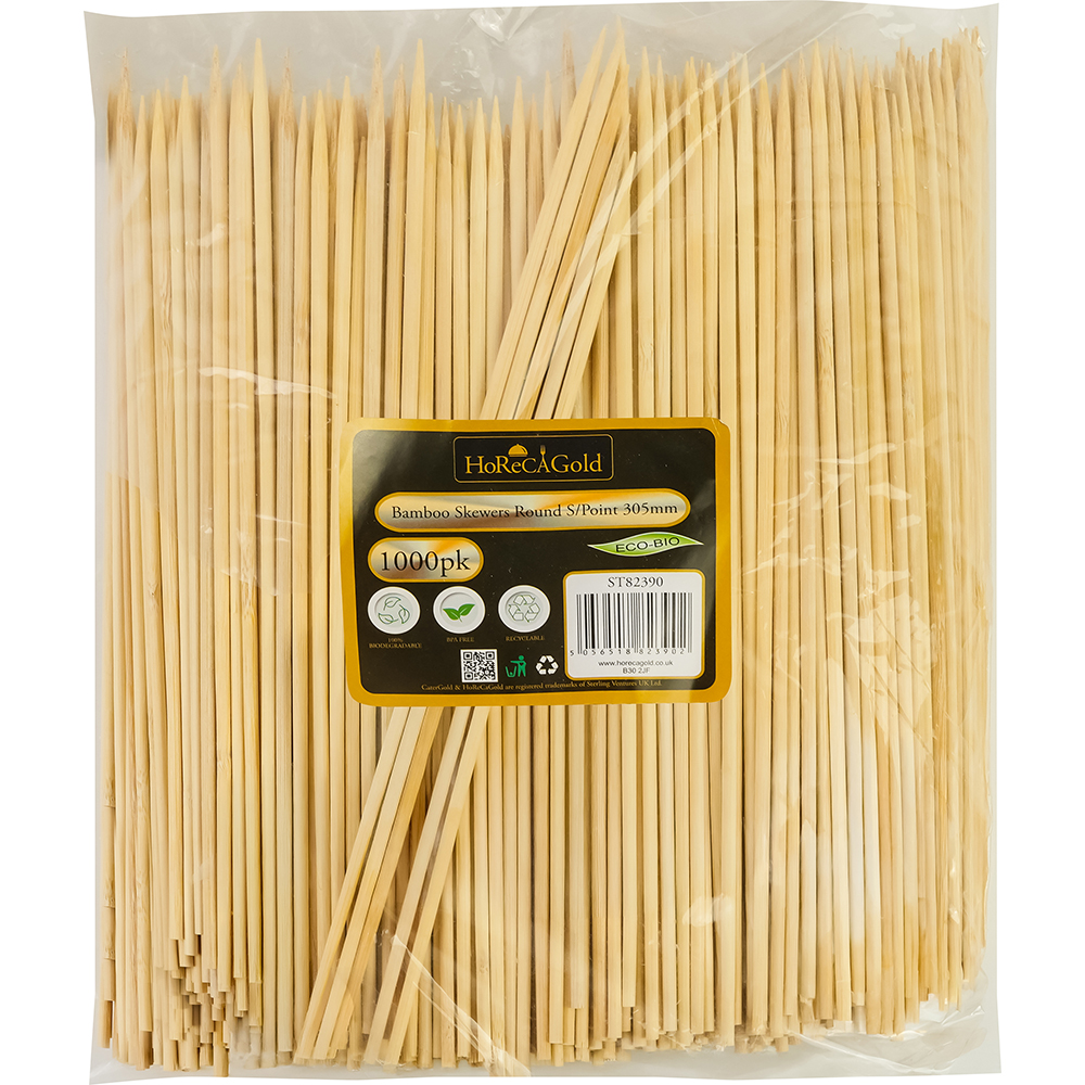 Compostable Bamboo Skewers Round S/Point 305mm 1000 Pack
